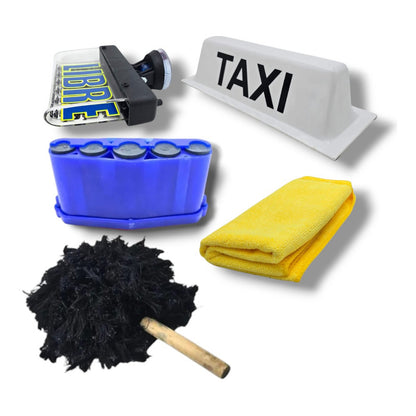 Kit Del Taxista, Letrero, Marimba, Mechudo Trapo Copete Taxi Azul