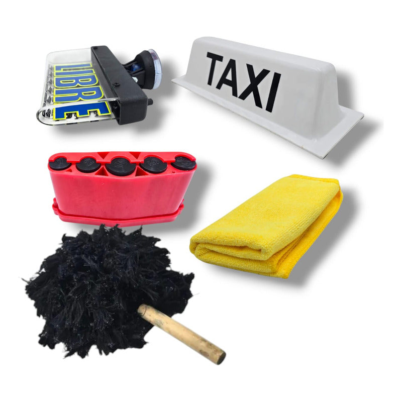 Kit Del Taxista, Letrero, Marimba, Mechudo Trapo Copete Taxi Rojo
