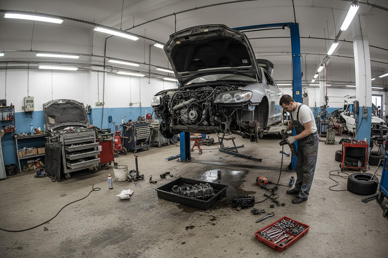 Crea una imagen de un carro con una persona desarmandolo